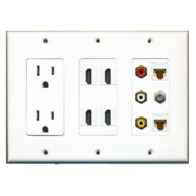 WWXBTM Power 4 3RCA Composite Cat6 Coax TV Wall Plate White