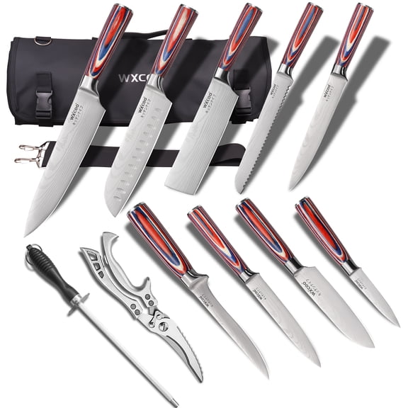 WXCOO 12 Piece Complete Kitchen Knife Set, 5Cr15MoV Stainless Steel Chef Knife Kit with Colorful Wood Handle, Includes Chef Roll Bag, Knife Sharpener, Kitchen Scissors Full Cooking Cutlery