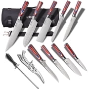 WXCOO 12 Piece Complete Kitchen Knife Set, 5Cr15MoV Stainless Steel Chef Knife Kit with Colorful Wood Handle, Includes Chef Roll Bag, Knife Sharpener, Kitchen Scissors Full Cooking Cutlery