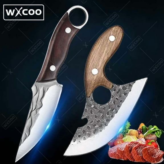 WXCOO 2 PCS Hand Forged Chef Slicing High Carbon Steel Kitchen Knives Set of Kitchen Knives Professional Kitchen Utility Butcher Cutting Paring Meat Cleavers Stainless Steel Boning Knives