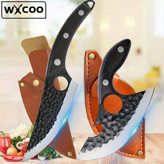 WXCOO 2Pcs, Hand-forged Kitchen Knife with Sheath Utility Knife Meat Cleaver Boning Knife Stainless Steel Cheese Pizza Small Pocket Kitchen Knives Slicing Cooking Mini Knife Small Pocket Kitchen Knife