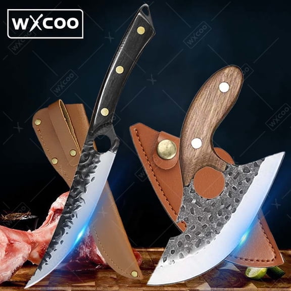 WXCOO 2Pcs, Kitchen Chef Knife Cutting Knife Hand Forged Boning Knife Cheese Pizza Pocket Kitchen Knife Stainless Steel Slicing Cooking Mini Knife with Laser Damascus Pattern Household Cooking Tools
