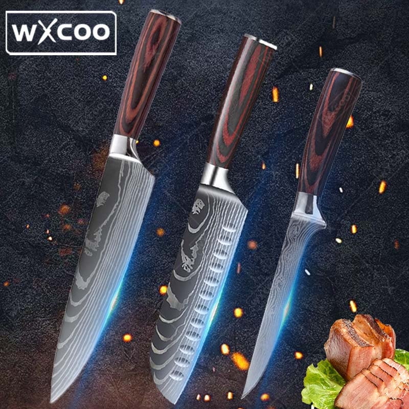 WXCOO 3 Pcs,Kitchen Chef Knife Set, High Carbon Stainless Steel Damascus Drawing Gyuto Cleaver Set Slicer Santoku Knife Chef Knife Vegetable Knife Meat Cleaver Utility Knife Professional Boning Knife