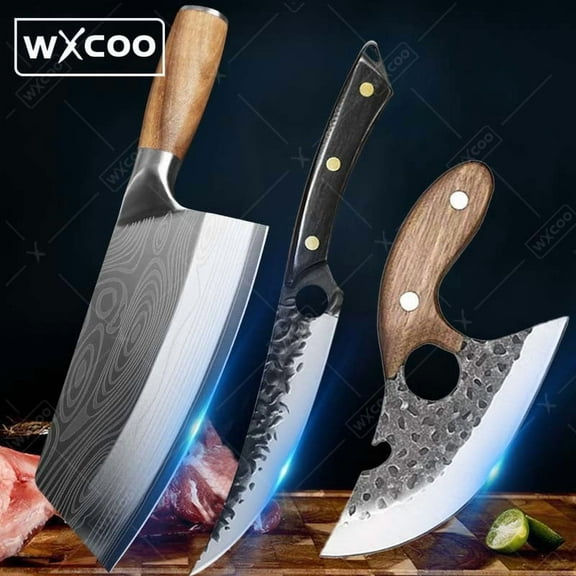 WXCOO 3Pcs, Kitchen Chef Knife High Carbon Steel Boning Knife Cutting Knife Stainless Steel Slicing Cooking Mini Knife Santoku Meat Cleaver Knife with Laser Damascus Pattern Household Cooking Tools