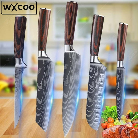 WXCOO 5 Pcs,Kitchen Chef Knife Set, High Carbon Stainless Steel Damascus Drawing Gyuto Cleaver Set Slicer Santoku Knife Chef Knife Boning Knife Vegetable Knife Cooking Knife Meat Cleaver Utility Knife