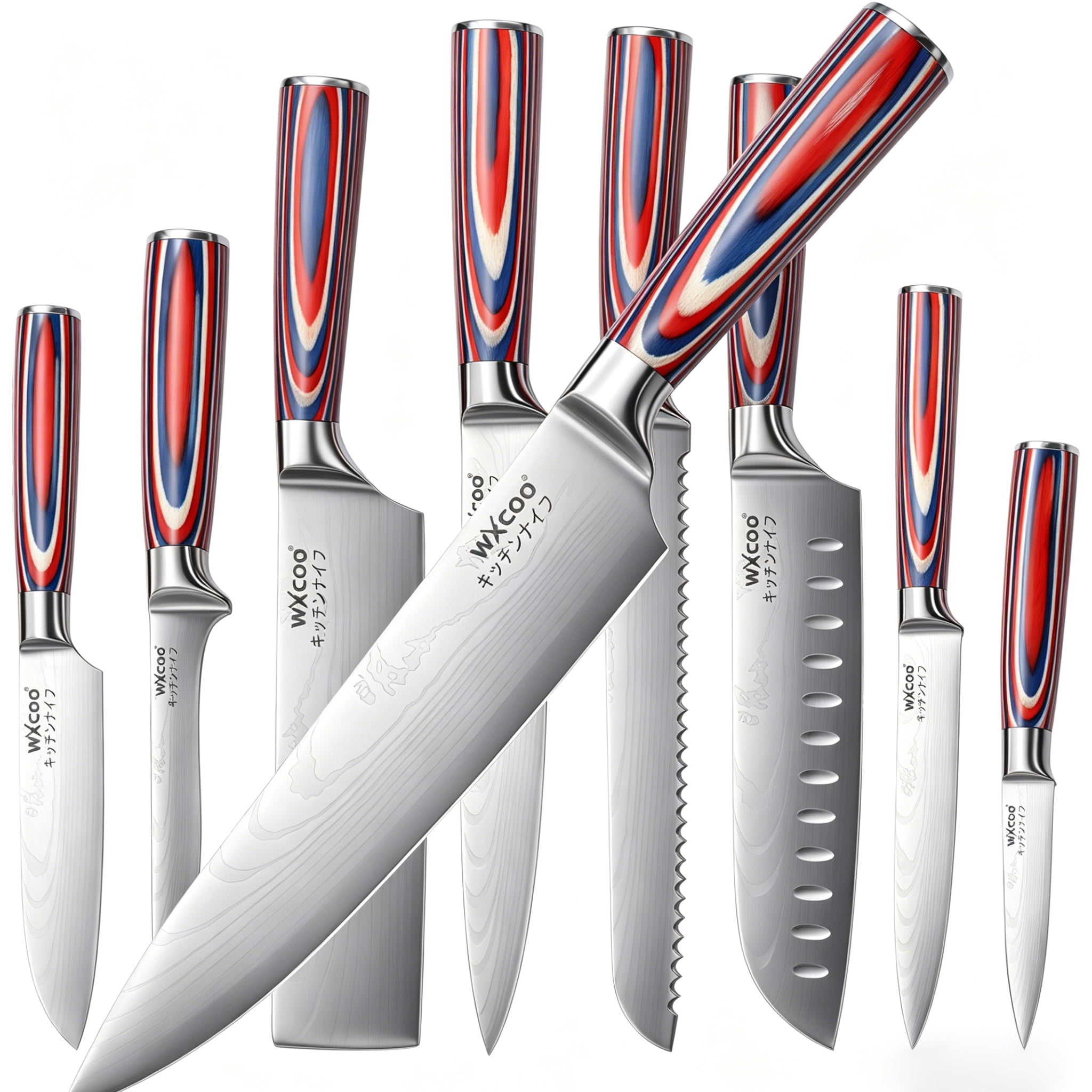 WXCOO 9 Piece Kitchen Knife Set, 5Cr15MoV Stainless Steel Chef Knife Set with Colorful Wood Handle, Multi-Purpose Sharp Cooking Knives for Home Kitchen Cutting Chopping Slicing