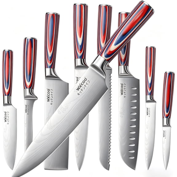 WXCOO 9 Piece Kitchen Knife Set, 5Cr15MoV Stainless Steel Chef Knife Set with Colorful Wood Handle, Multi-Purpose Sharp Cooking Knives for Home Kitchen Cutting Chopping Slicing