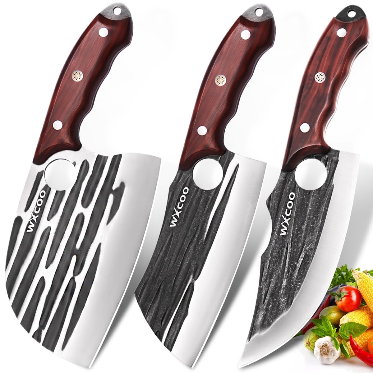WXCOO Butcher Knife Set - 3pcs Hand Forged Meat Cleaver Knife & Serbian Chef Knives & Sharp Viking Knives for Meat Cutting, Camping, BBQ, Men's Birthday Gift