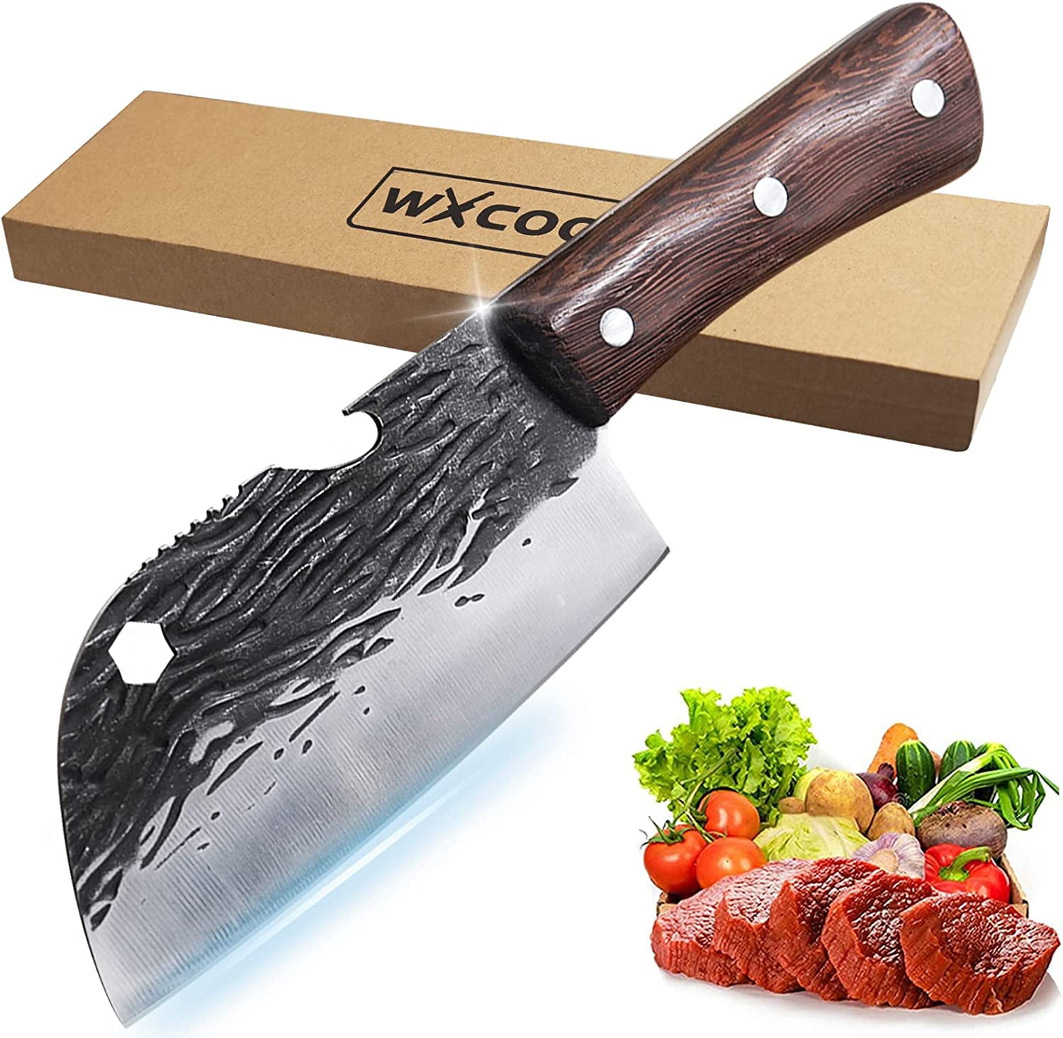 WXCOO High Carbon Stainless Steel Multifunctional Steak Knife, Portable Forged Steak Knife with Bottle Opener, Full Tang Wooden Handle Kitchen Knife for Camping Barbecue