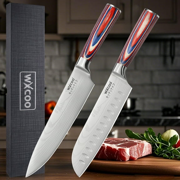 WXCOO Laser Damascus Pattern Kitchen Knife Set 2PCS Santoku Japanese Slicer Chef Knives High Wood Handle for Kitchen with Box