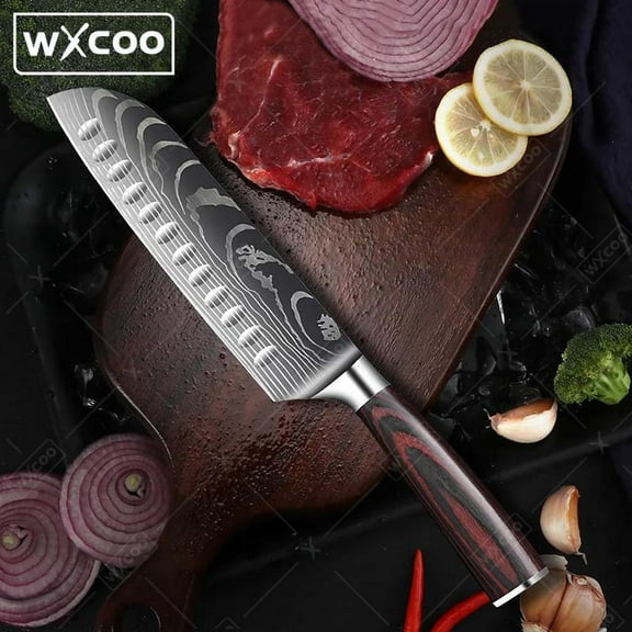 WXCOO Stainless Steel Cooking Knife Laser Damascus Pattern Santoku Knife Professional Boning Knife Sharp Fruit Knife Kitchen Knife