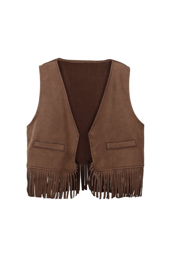 Kids Open Front Suede Fringe Western Cowboy Cow Girl Vest 70s Suede Leather Tassels Jacket Cardigan Tassel Sleeveless Casual Waist Coat Top Party (3-12 Years)