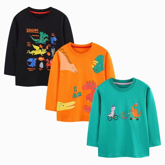 WXFAZCVU 3 Pack Boys Sweatshirt Pullover Crewneck Long Sleeve Shirts Dinosaur Cartoon Tops Size 3-4 Years