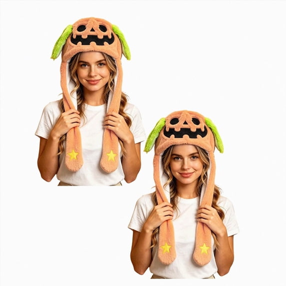 WXFAZCVU 3 Pieces Halloween Pumpkin Moving Ear Plush Hat Soft Fuzzy Headwear for Holiday Party Fun Dress Up One Size