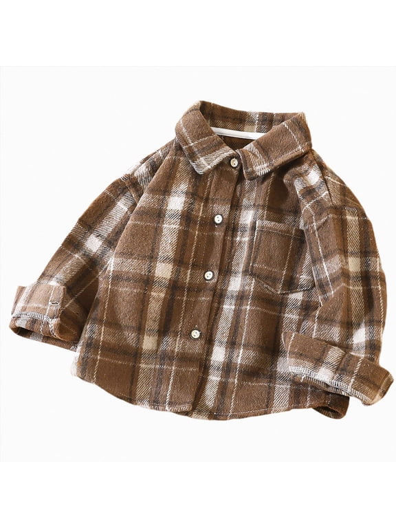 Boy Flannel Shirt Plaid Button Down Jacket Coat Fall Outfits Versatile Lapel Top Going Out Size 5-6 Years
