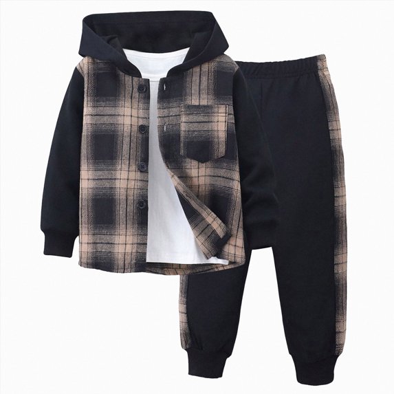 WXFAZCVU Boys 2 Piece Outfits Flannel Button Down Hooded Tops and Sweatpants Fall Clothing Set Size 6 Years