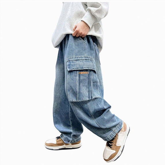 WXFAZCVU Boys Baggy Jeans Wide Leg Denim Pants with Pockets Elastic Cotton Trousers Going Out Size 7-8 Years