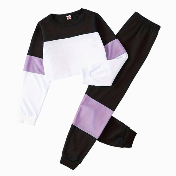 WXFAZCVU Boys' Clothing Sets Fall Outfits Color Block Top and Casual Pants Set Daily Wear Size 6-7 Years