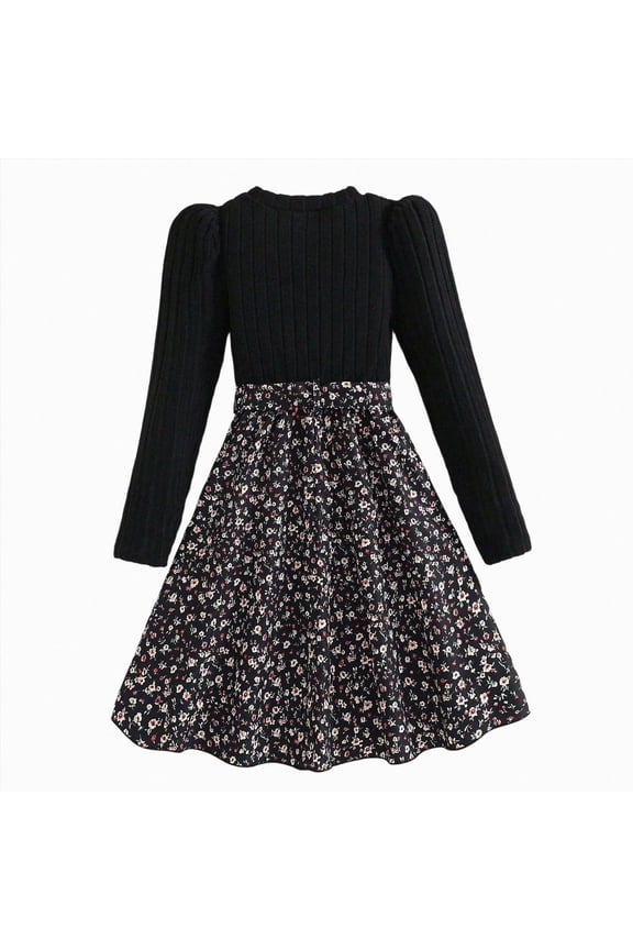 Flower Girl Dress Retro Long Sleeve Patchwork Skirt Kids Fall Fashion Clothing Size 12 Years
