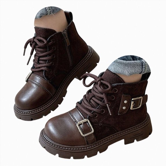 WXFAZCVU Girl Ankle Boots Kids Side Zipper & Lace Up Flat Booties Daily Versatile Footwear Size 2