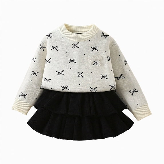 WXFAZCVU Girls 2 Piece Outfits Bow Long Sleeved Sweater Top and Skirt Set Fall Fashion Clothes Size 1-2 Years