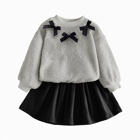 WXFAZCVU Girls 2 Piece Outfits Bow Long Sleeved Top and Skirt Set Fall Fashion Clothing Size 7 Years