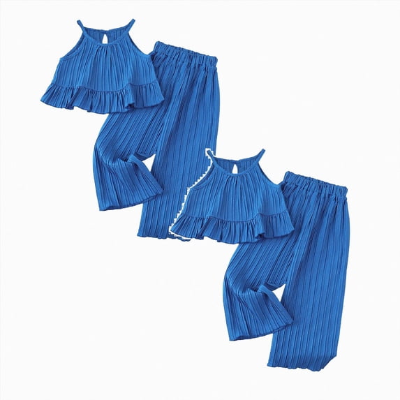 WXFAZCVU Girls 2 Piece Summer Outfits Sleeveless Ruffle Tops and Wide Leg Pants Kids Clothing Set Size 5-6 Years