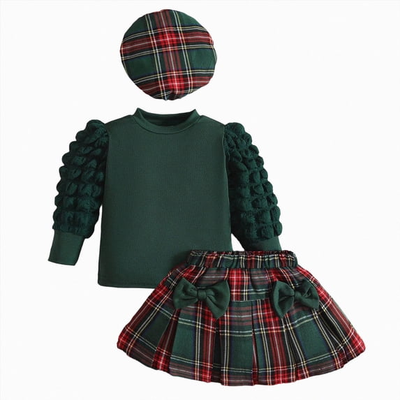 WXFAZCVU Girls 3 Piece Outfits Knit Long Sleeve Top Plaid Skirt and Beret Hat School Set Size 2-3 Years