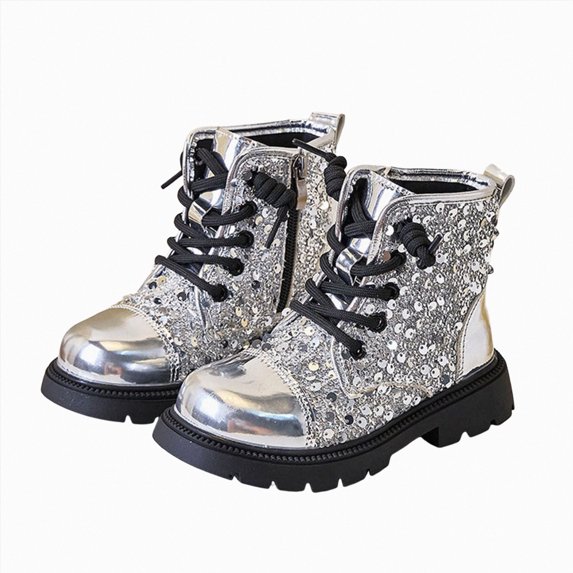 WXFAZCVU Girls Ankle Boots Water Proof Leather Sequin Boots with Side Zipper & Lace Up for Kids Size 2.5