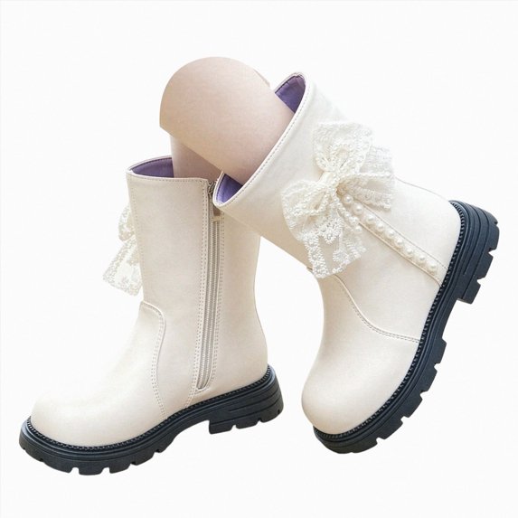 WXFAZCVU Girls Boots Bow Shaped Side Zipper Platform Leather Boots Versatile Daily School Size 10