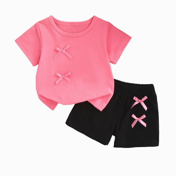 WXFAZCVU Girls Clothes 2 PC Summer Outfits Bow Print Tees Shirts Shorts Cute Set Going Out Size 2-3 Years