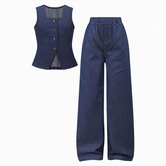 WXFAZCVU Girls Clothes 2 Piece Outfits Button Down Denim Vest and Wide Leg Pants Kids Trendy Set Size 11-12 Years