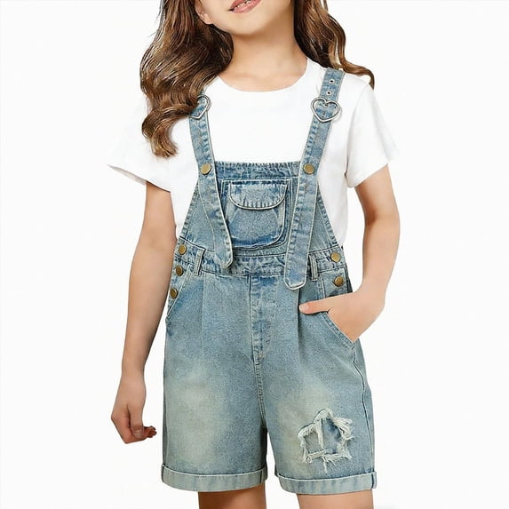 WXFAZCVU Girls Denim Overalls Kids Summer Short Rompers with Pockets Cotton Jumpsuits Size 13-14 Years