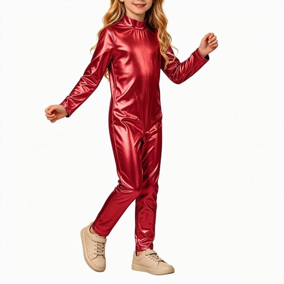 WXFAZCVU Girls Jumpsuit Crewneck Long Sleeve Shiny Romper Kids Slim Fit Bodysuit Trendy Clothes Size 5-6 Years