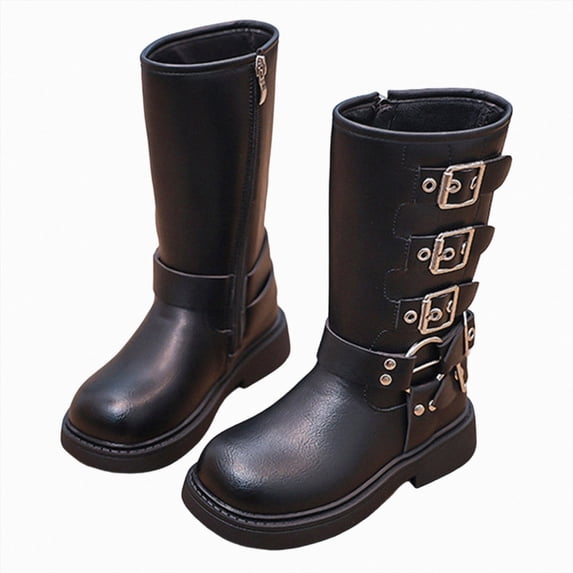 WXFAZCVU Girls Leather Boots with Side Zipper Fashion Buckle Straps Round Toe Boots Going Out Size 2