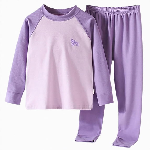 WXFAZCVU Girls Pajamas Set Warm Fleece Lined Underwear Set Color Block Long Sleeve Shirt and Pants Outfits Size 4-5 Years