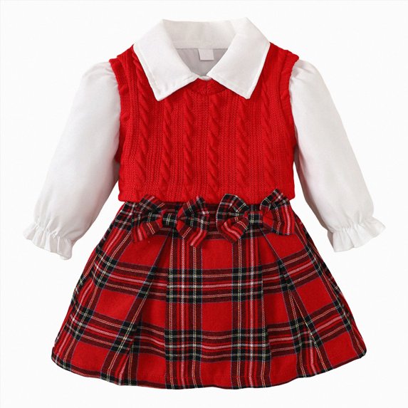 WXFAZCVU Girls School Outfits Dress Shirt Knitted Sleeveless Vest and Skirts Set Fashion Clothes Size 5Y