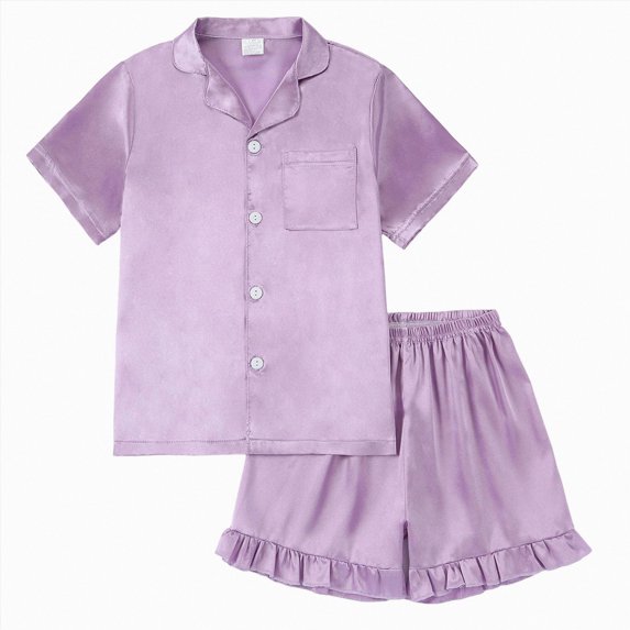 WXFAZCVU Girls' Short Sleeve Pajama Set Button Down Satin Silk Sleepwear Ruffle Shorts Set Size 11-12 Years