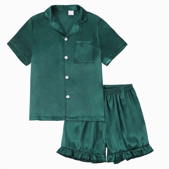 WXFAZCVU Girls' Short Sleeve Pajama Set Button Down Satin Silk Sleepwear Ruffle Shorts Set Size 7-8 Years