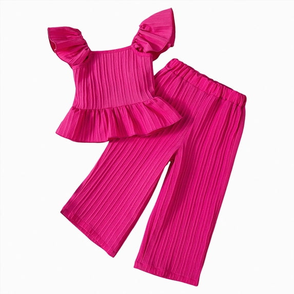 WXFAZCVU Girls Summer Outfits Ruffle Short Sleeved Top and Wide Leg Pants Kids Clothing Set Size 90
