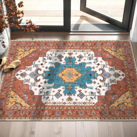 WXHOME 2'x3' Boho Rugs for Entryway,Orange Entryway Rug Non-Slip Washable Small Area Rug, Ultra Soft Oriental Vintage Low-Pile Indoor Door Mat Floor Carpet for Entrance Bedroom Kitchen Bathroom