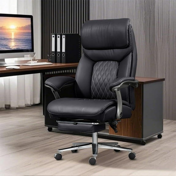 WXJHL Big and Tall Office Chair, Wide Seat Executive Office Chair with Lumbar Support and Headrest, 600 lbs Heavy-Duty Ergonomic Desk Chair, Luxury Leather Chair with Leg Rest,Black