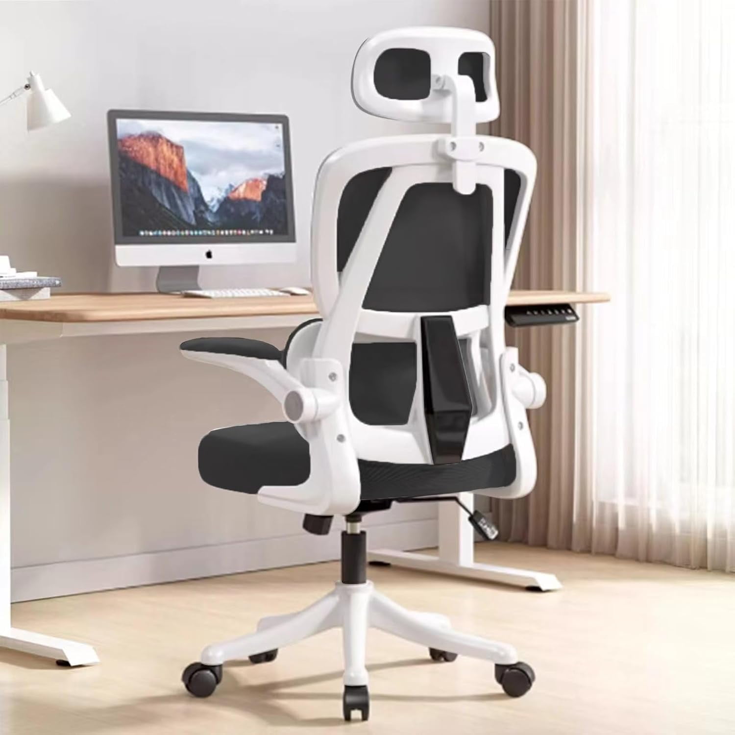 WXJHL Ergonomic Office Chair Comfort Home Desk Chair Adjustable High Back Mesh Chair Lumbar Support Computer Chair with Flip-up Arms for Work, Study, Gaming,White Mesdh Chair（Black and White）