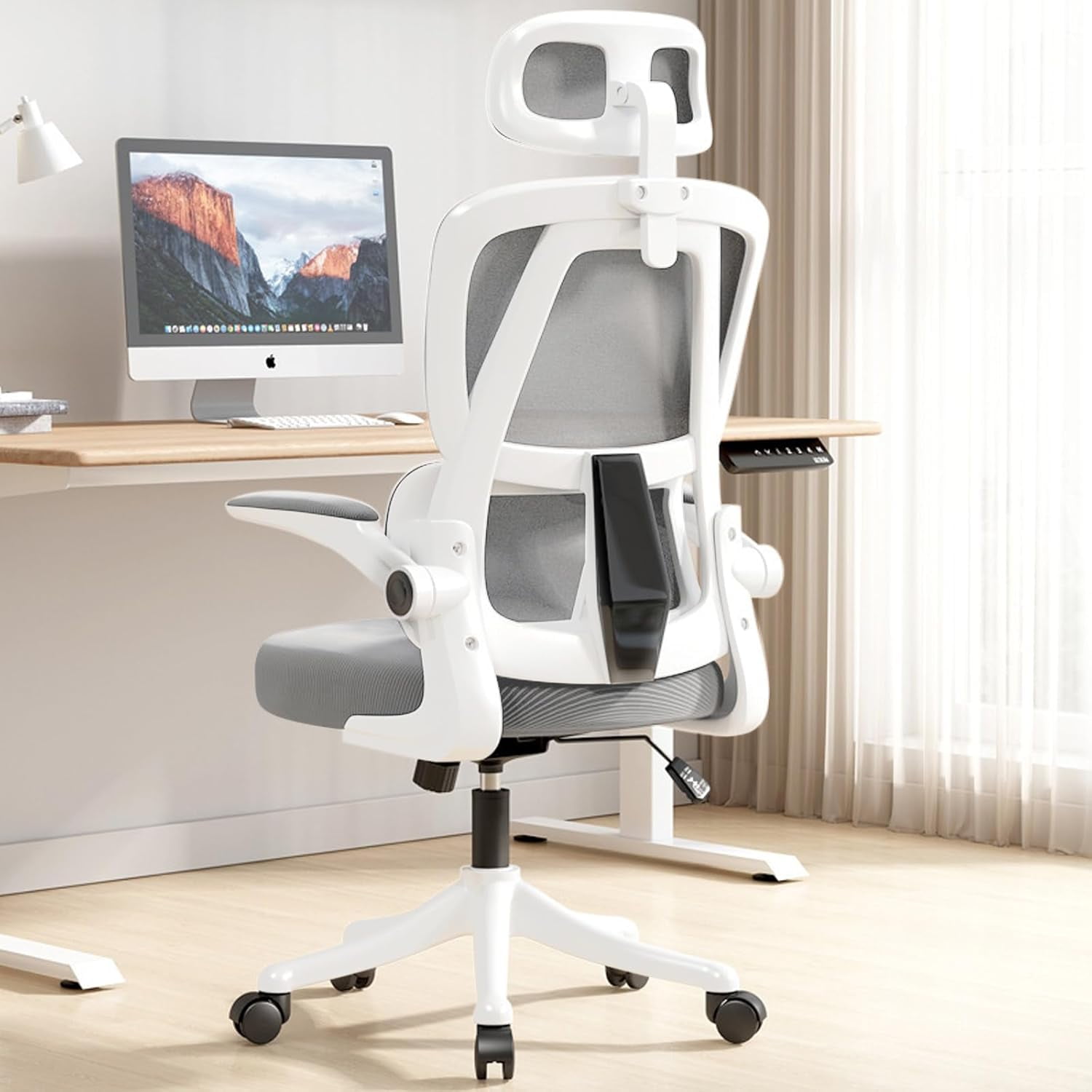 WXJHL Ergonomic Office Chair Comfort Home Desk Chair Adjustable High Back Mesh Chair Lumbar Support Computer Chair with Flip-up Arms for Work, Study, Gaming,White Mesdh Chair（Grey）