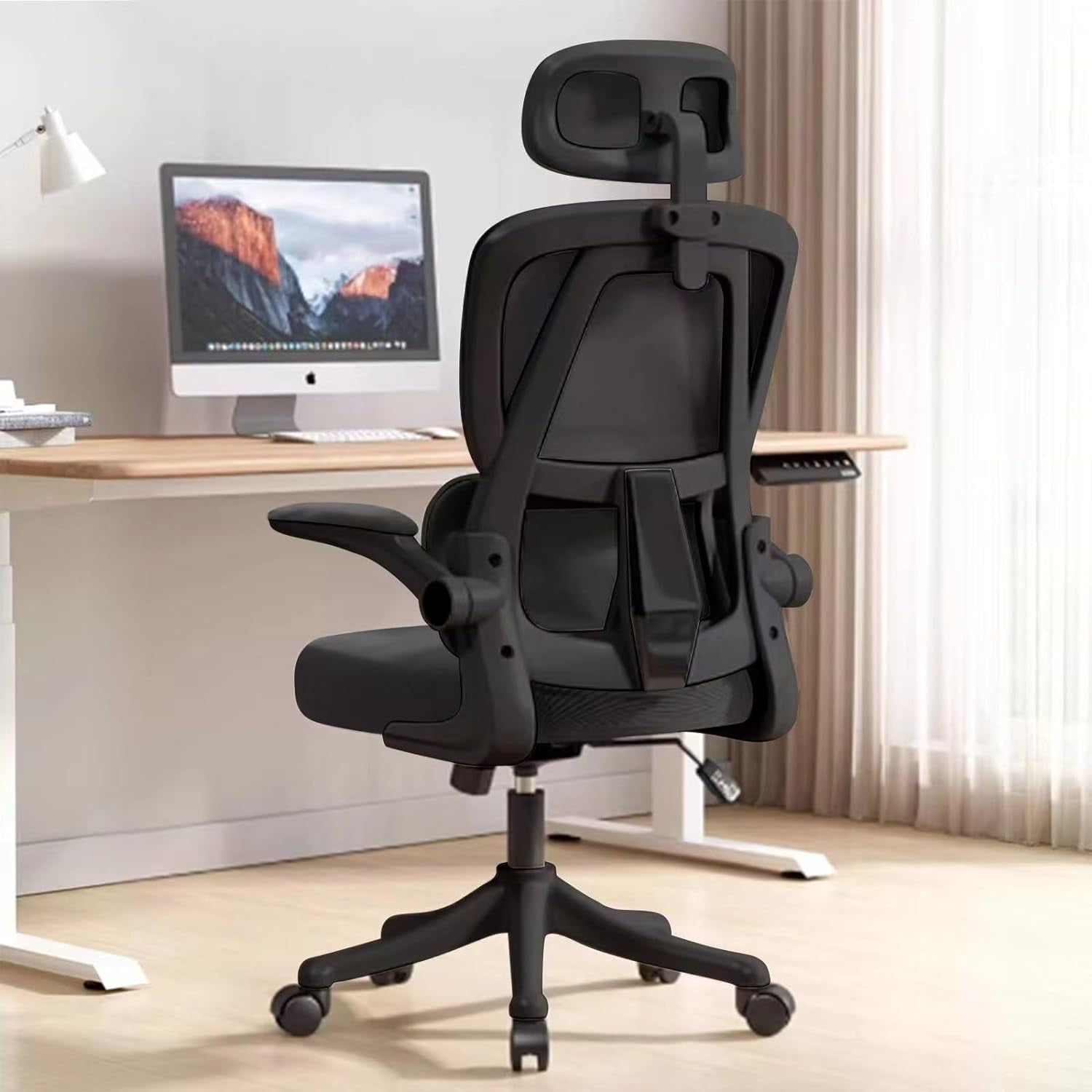WXJHL Ergonomic Office Chair Comfort Home Desk Chair Adjustable High Back Mesh Chair Lumbar Support Computer Chair with Flip-up Arms for Work, Study, Gaming,White Mesdh Chair（Black）