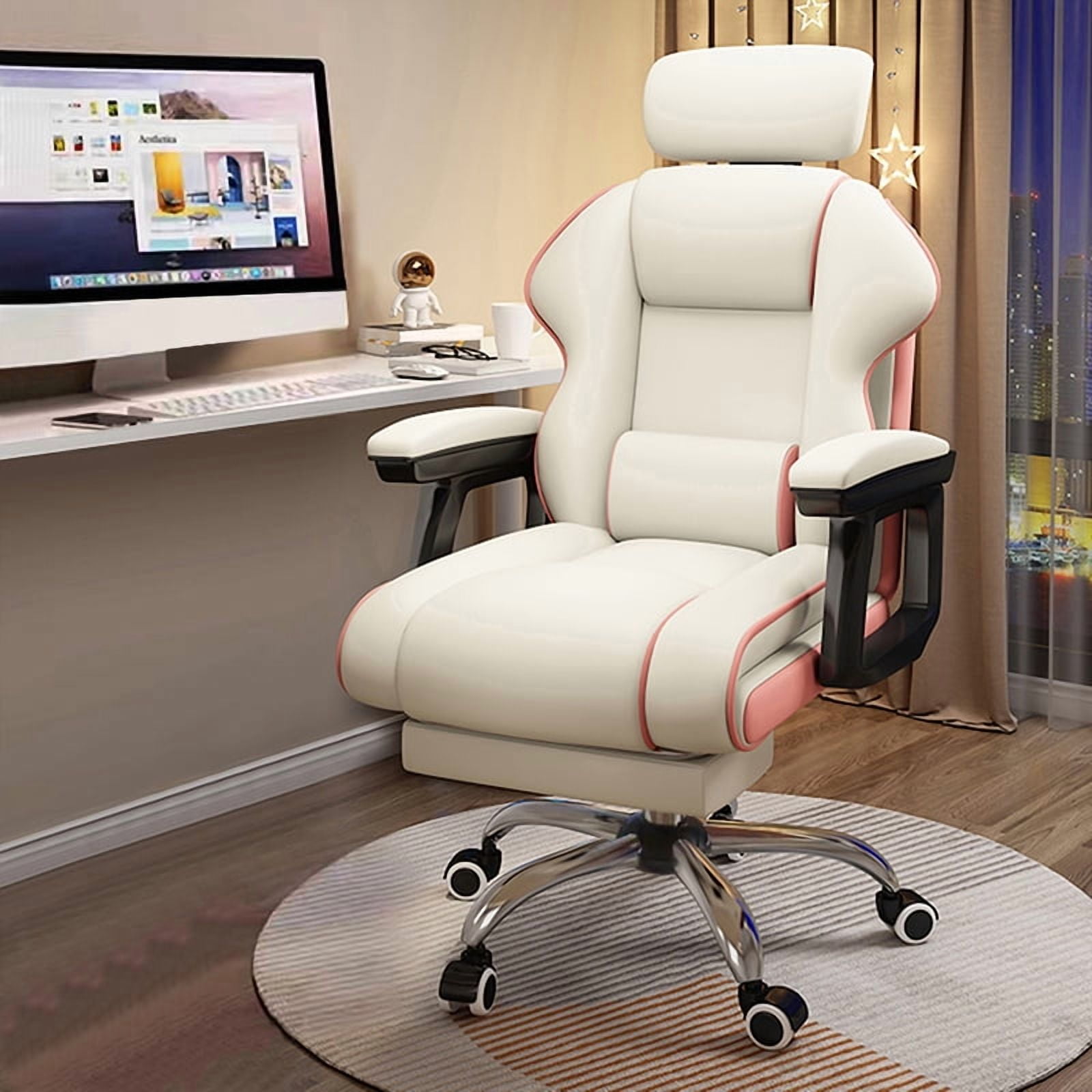 WXJHL Executive Computer Chair Home Office Desk Chair,Adjustable Angle, Ergonomic Adjustable Height PU Leather Chairs with Cushions Armrest for Long Time Seating-High Office Chair （White-Pink）