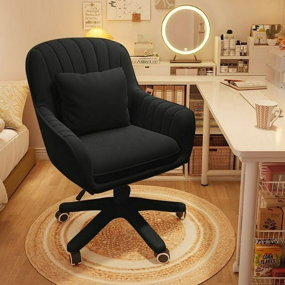 WXJHL Home Office Chair Computer Chair with Mid-Back Upholstered Modern Tufted Computer Task Chair Swivel Height Adjustable Velvet Accent Chair.(Black)