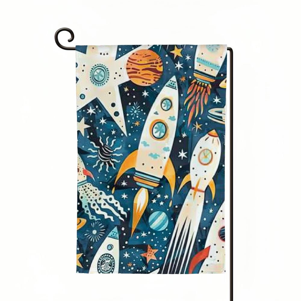WXKJ Space Background Garden Flag Cartoon Rockets Planets Stars Comets ...