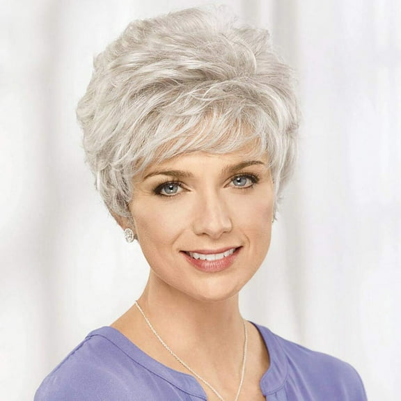 WXLCISI Pixie Cut Silver Wig, Slanted Bangs, Short Curly Hair, Fluffy White Wig, Middle-Aged and Elderly Women's Natural Hair for Daily Use