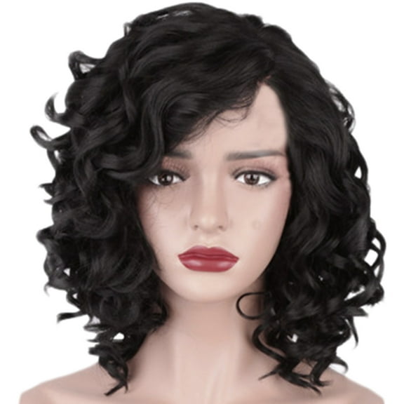 WXLCISI Shoulder Length Black Wavy Wigs for Women Natural Soft Hair Black Wig with Bangs Synthetic Fluffy Curly Wigs for Daily Party